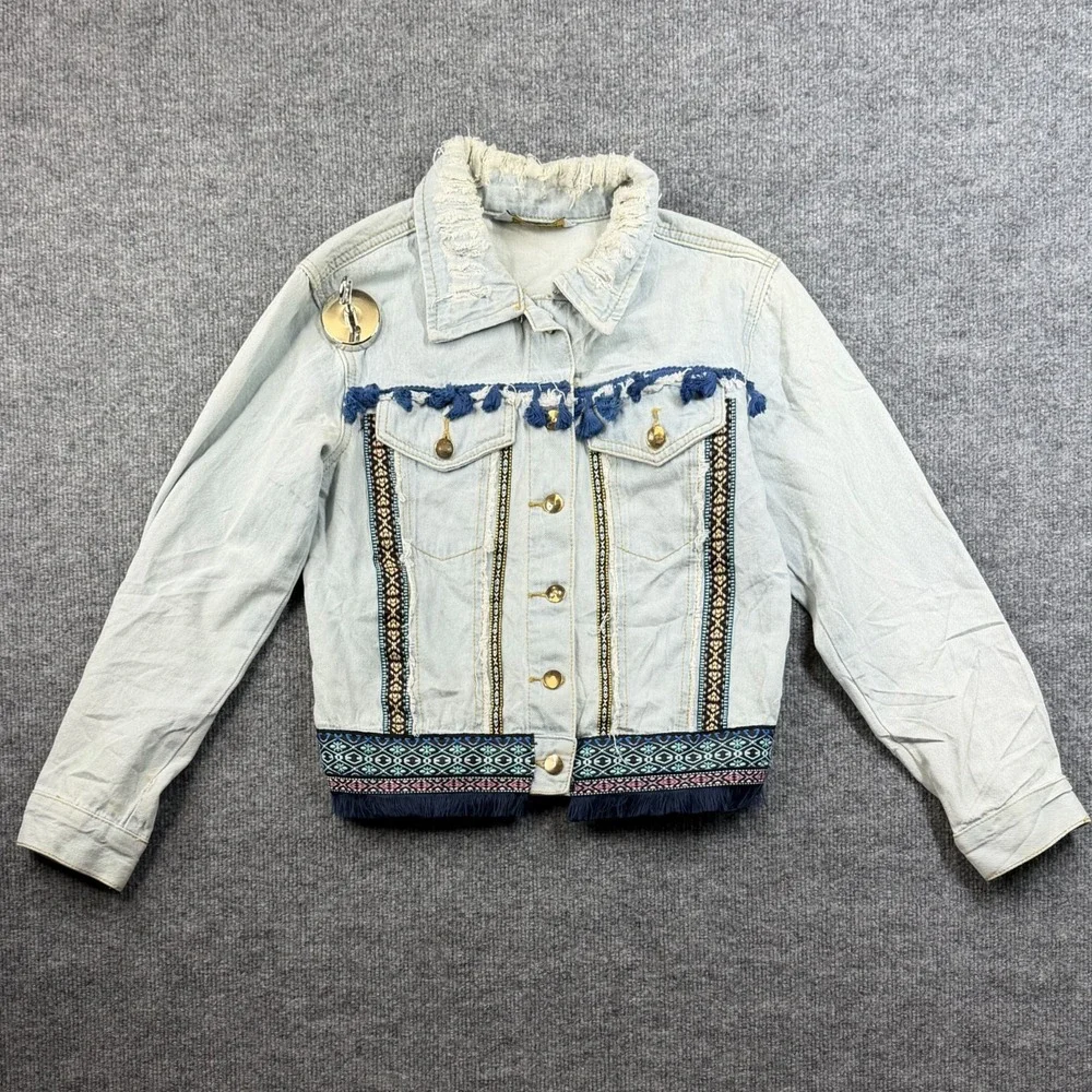 Denimland Paris Collection Jacket Distressed Collar Southwestern Tribal -‎ Small